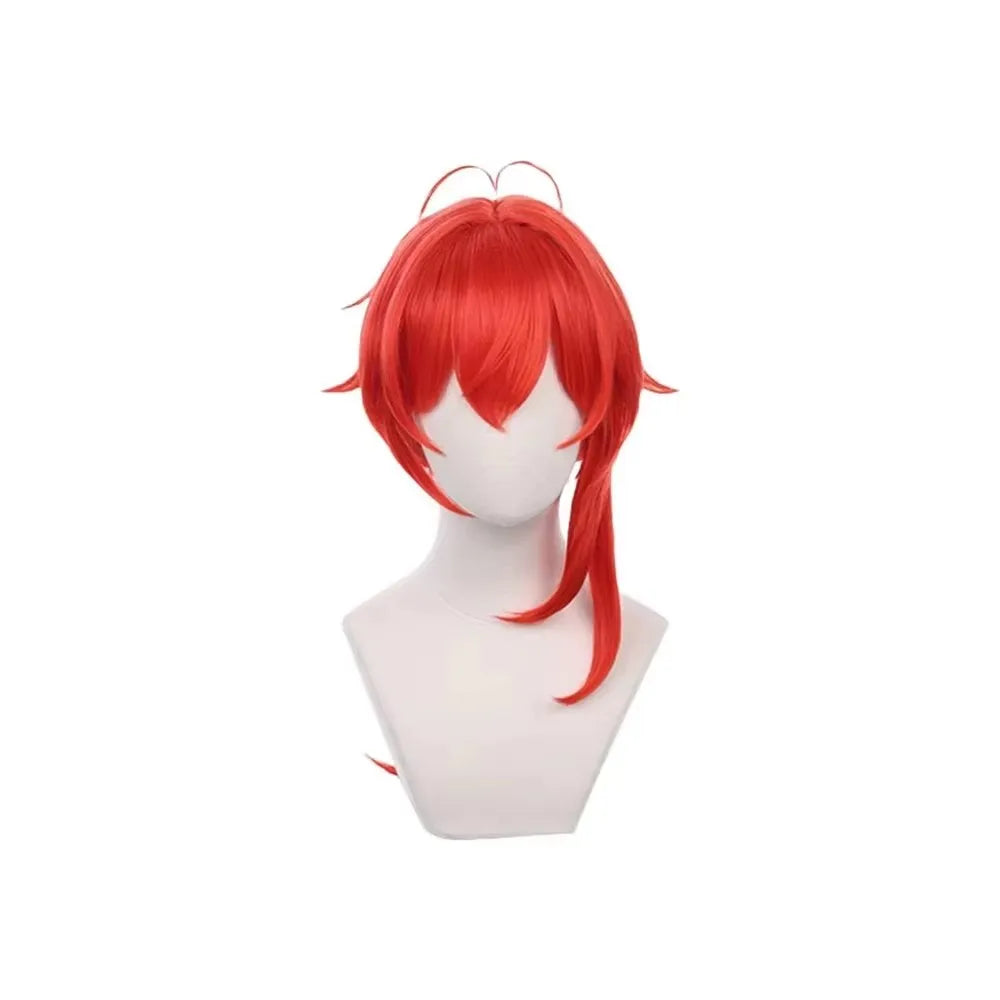 Diluc Anime Cosplay Wig – Long Red Straight Ponytail, Heat-Resistant Synthetic Hair