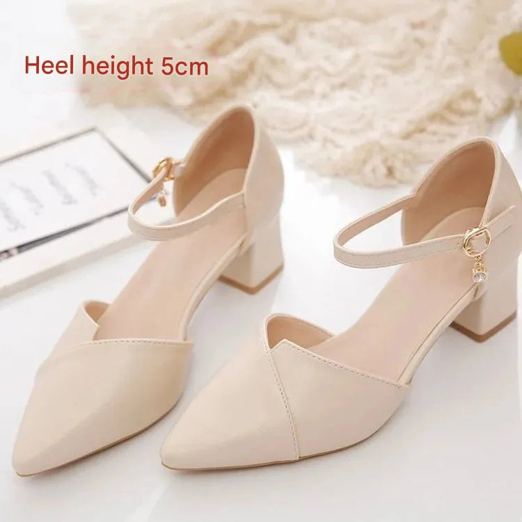 Women's Pointed Toe Square Heel Pumps – Comfortable Faux Leather Buckle Strap Heels (3–5 cm) for Office & Party