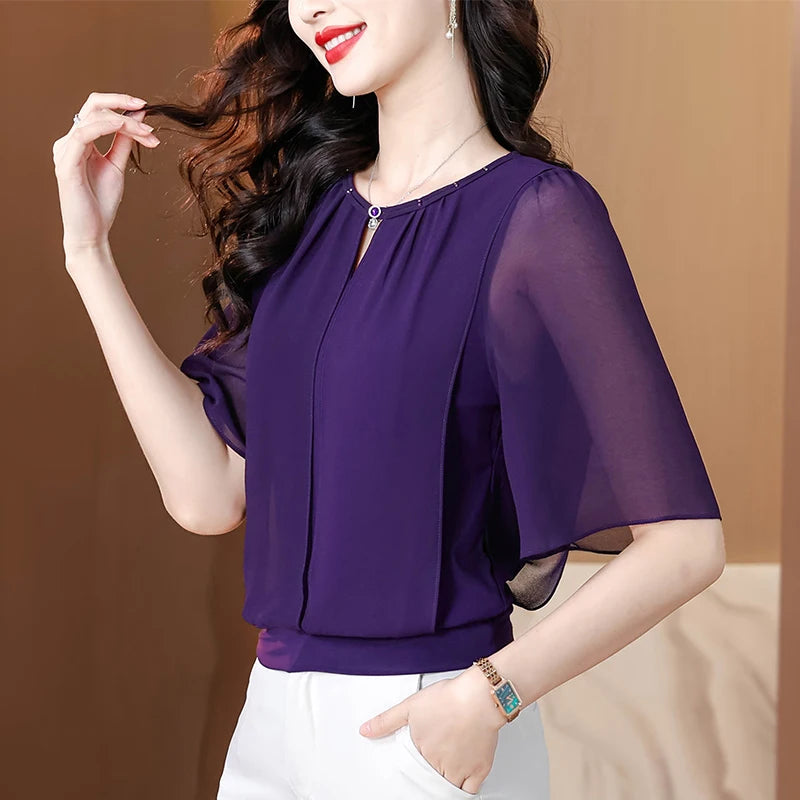 Women's Half-Sleeve Chiffon Blouse - Loose Casual Solid Color Pullover Top