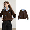 TOYOUTH Women Denim Floral Embroidered Faux Two-Piece Cotton-Blend Pullover Sweatshirt with Turn-Down Collar