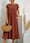 Women’s Vintage Cotton-Linen O-Neck Short Sleeve Maxi Dress – Casual Loose Pleated Summer Sundress