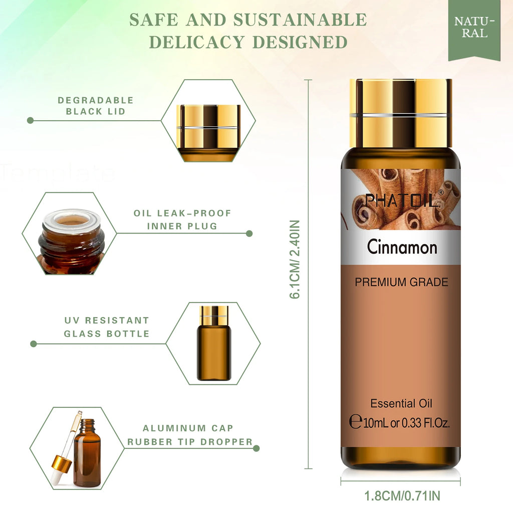 PHATOIL Cinnamon Essential Oil 10ml (0.34 fl oz) — Pure Natural Aromatherapy for Diffuser, Massage, Spa, Candles & Soap Making