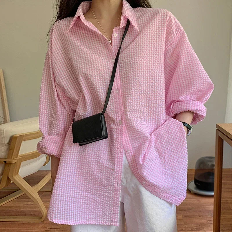 Korean Style Plaid Sunscreen Shirt for Women, Lightweight Loose Long Sleeve Single-Breasted Turn-Down Collar
