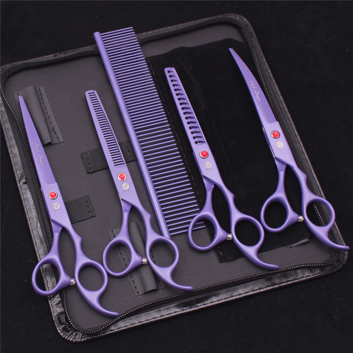 7-Inch (17.8 cm) Japanese 440C Pet Grooming Scissors Set — Straight 7 in, Curved 7 in, Thinning 6.5 in (16.5 cm) for Dog & Cat Grooming with Comb & Hemostatic Forceps