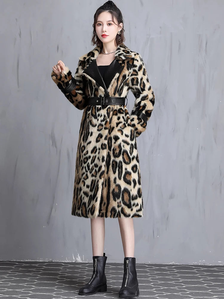 Nerazzurri Leopard Print Faux Fur Long Coat with Adjustable Leather-Style Belt - Women's Warm Plush Winter Jacket