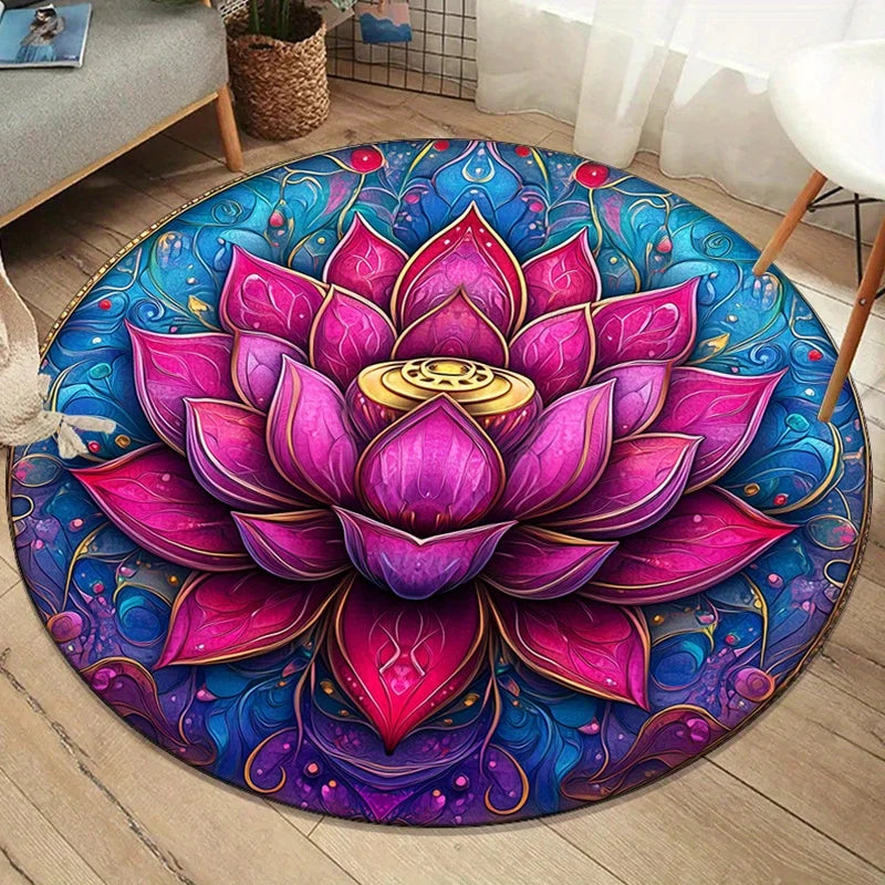 Lotus Mandala Round Rug – Yoga & Meditation Floor Mat, Soft Anti-Slip Floral Area Rug in Pink & Blue