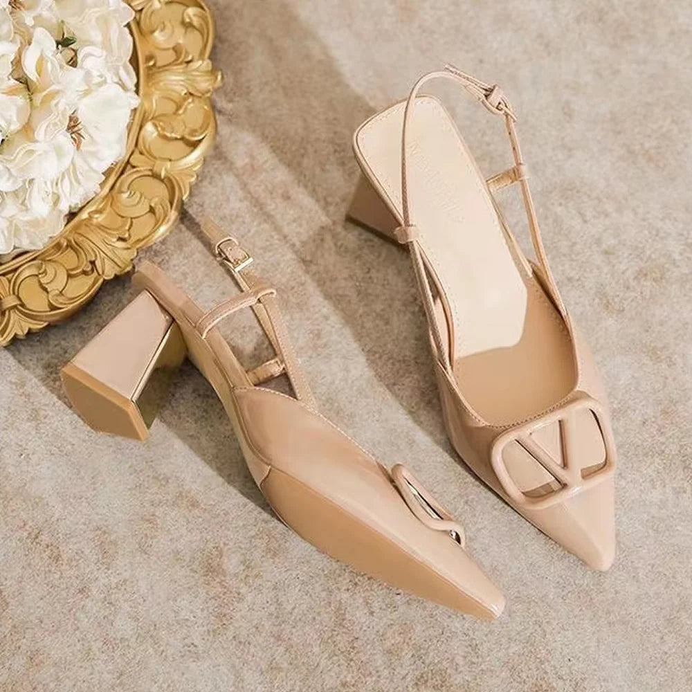 Women’s Pointed Toe Slingback Sandals – Square Mid Heel 5-8 cm (2.0-3.1 in), PU Platform Ankle Strap