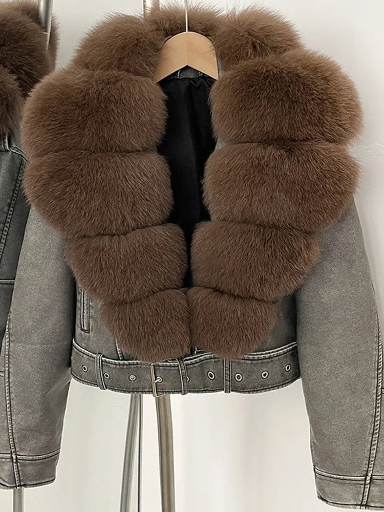 ZMEENNA Women's Faux Leather Moto Jacket with Detachable Faux Fur Collar - Short Warm Winter Coat