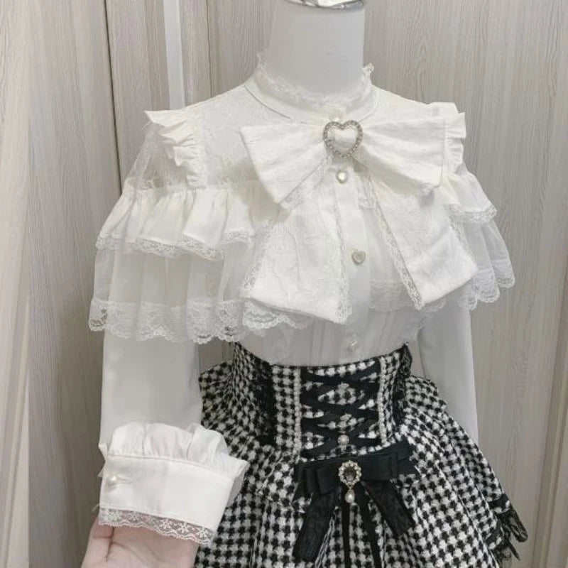 Kawaii Lolita Lace Patchwork Blouse - Harajuku Sweet Bow O‑Neck Summer Top
