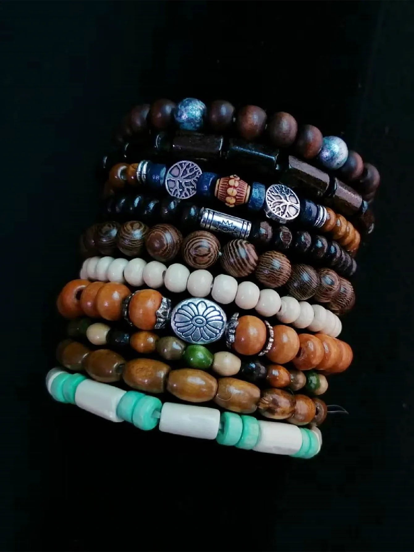 10-Pack Khaki & Black Woven Leather Wrap Bracelets - Handmade Adjustable Unisex