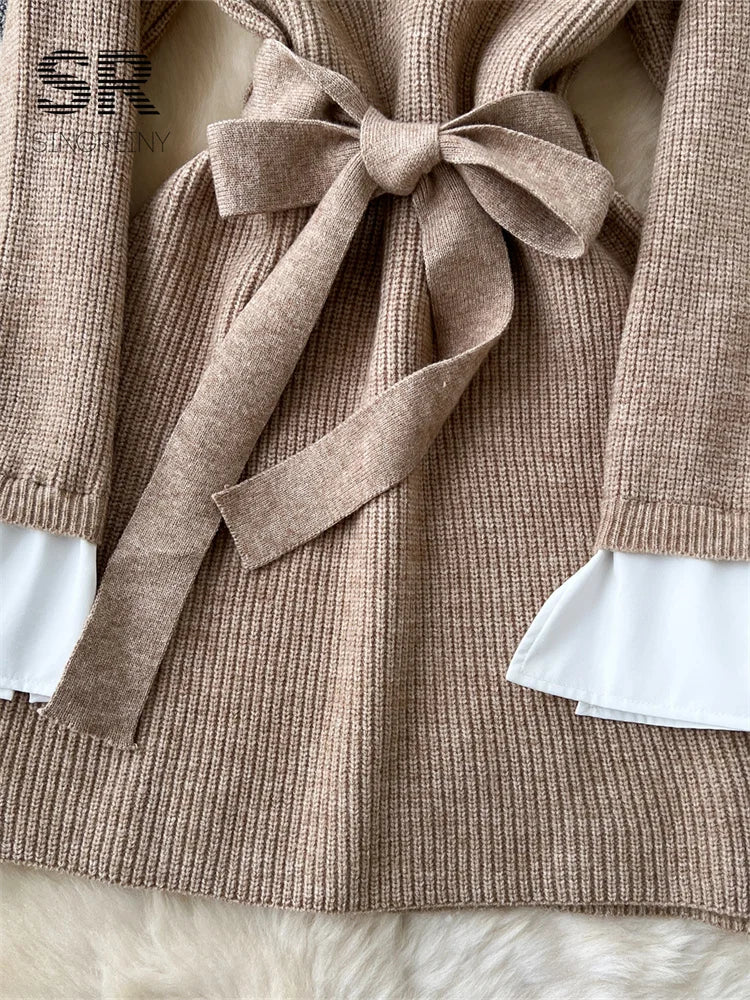 Women’s Knit Two-Piece Sweater Dress Set with Belt — Lapel Collar, Long Sleeve Knee-Length Patchwork for Office Autumn/Winter