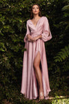 Green Satin V-Neck Floor-Length Evening Gown with High Split and Full Sleeves, Bridal Ball Pageant Dress