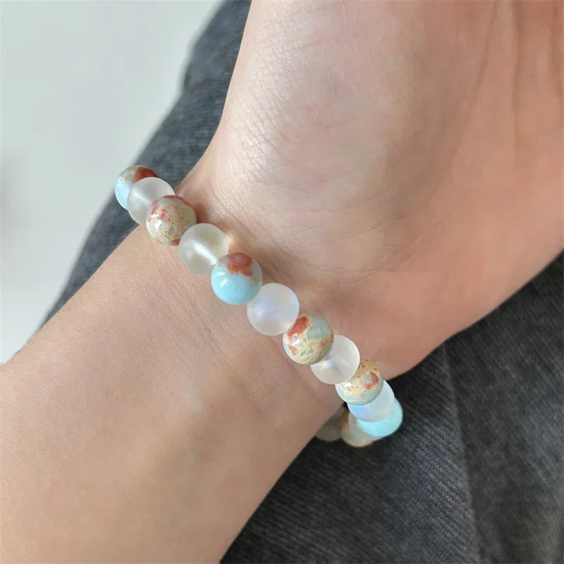 Aura Quartz & Ocean Sediment Bead Bracelet 8 mm (0.31 in) Unisex Crystal Jewelry for Abundance