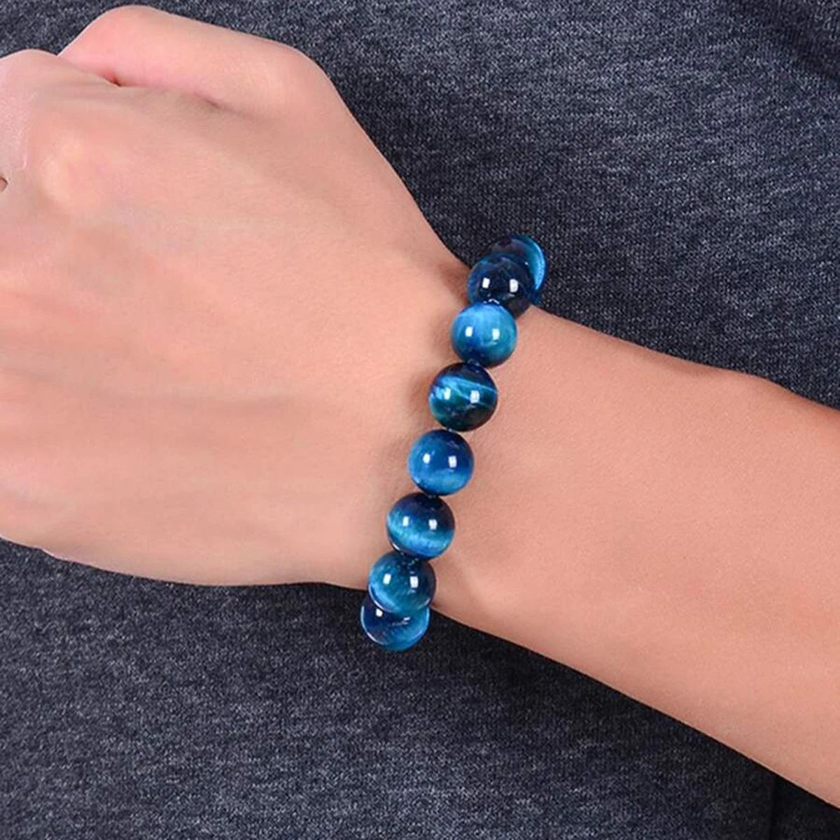 Blue Tiger Eye Beaded Bracelet - Natural Round Stone Beads 6/8/10mm, Minimalist Unisex