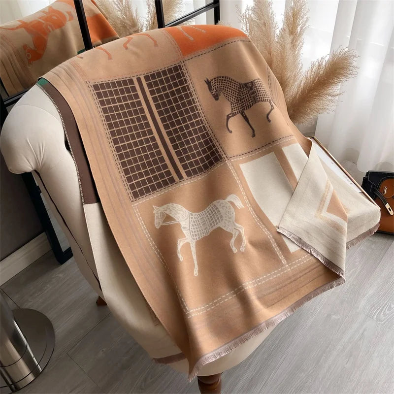 Women's Soft Cashmere Pashmina Scarf 180 x 65 cm (71 x 25.6 in) Plaid Horse Print Tassel Wrap Shawl