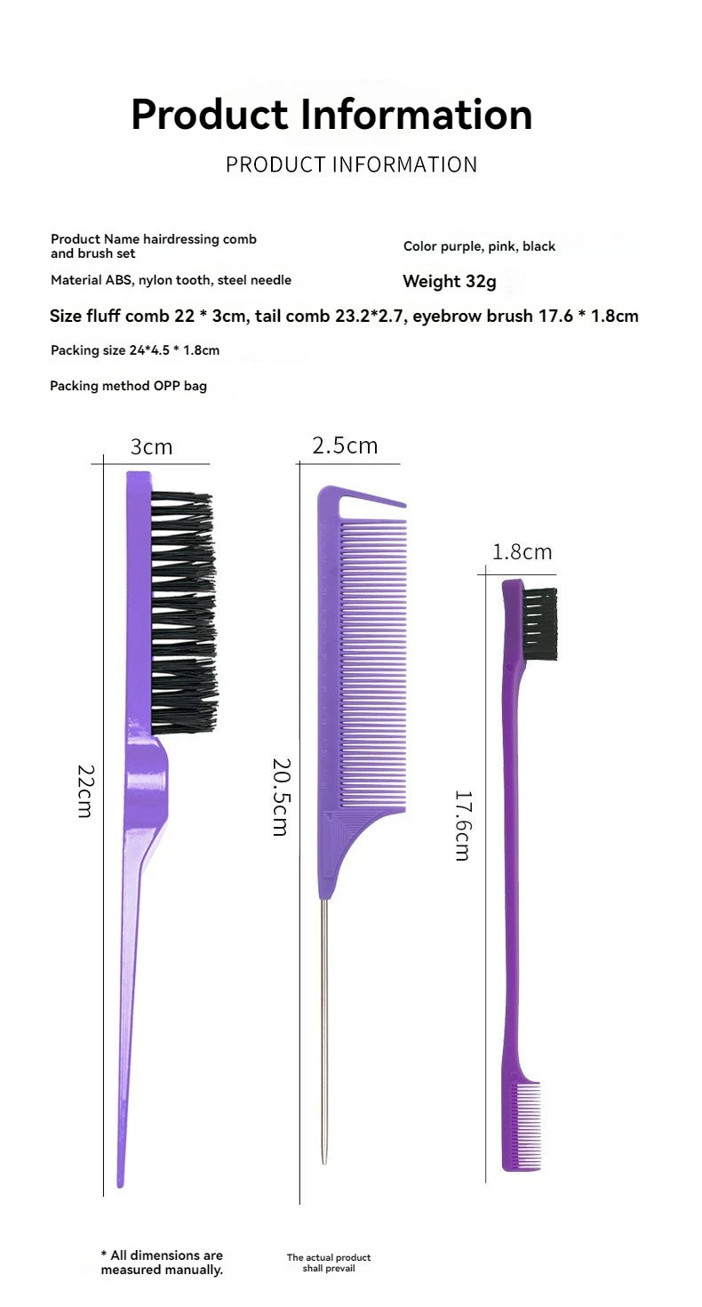 3-Piece Hair Comb & Eyebrow Brush Set - Tail Comb, 3-Row Detangling Comb, Steel Pin Tail Comb