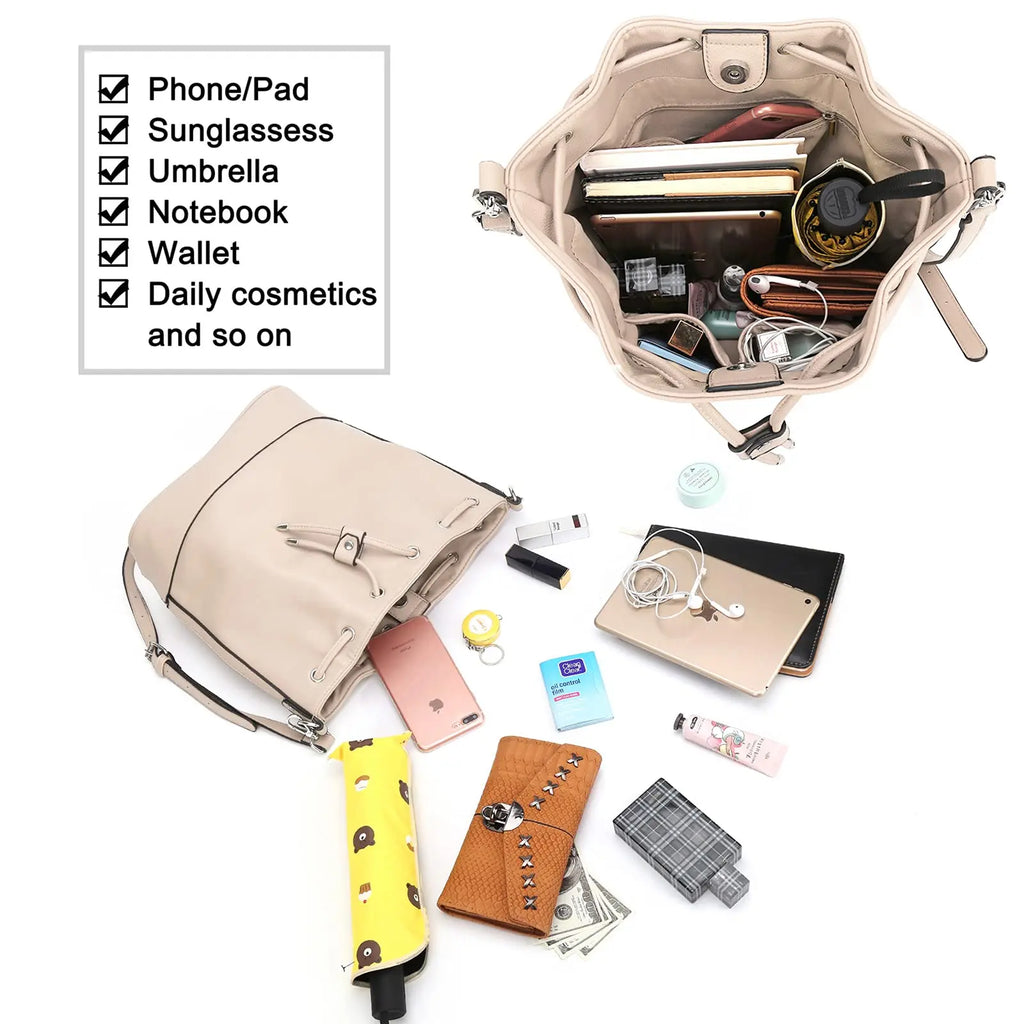 AFKOMST Leather Bucket Bag - Drawstring Crossbody Purse for Women, Medium (9.5 in x 11 in x 5.5 in / 25 x 28 x 14 cm) Hobo Tote with 2 Detachable Shoulder Straps