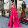 Royal Blue Satin Halter Evening Gown Floor-Length A-Line Ball Dress with High Split