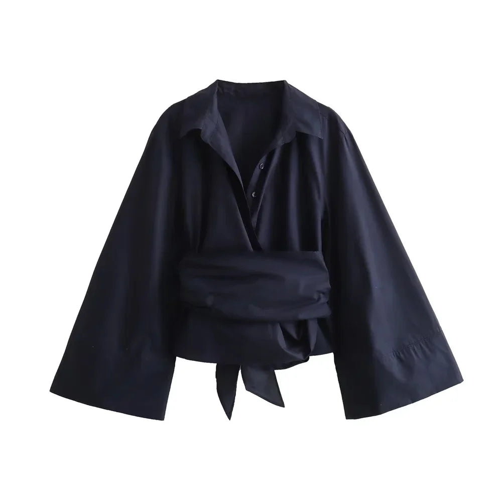 Women's Casual Polo-Style V-Neck Bow-Tie Double-Breasted Poplin Shirt