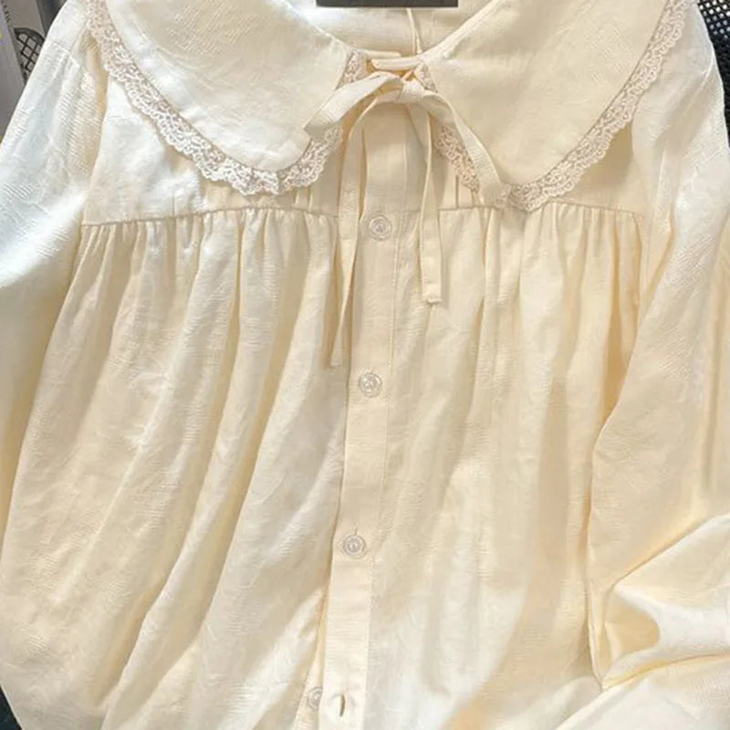 Apricot Lace Floral Peter Pan Collar Blouse Loose Long Sleeve Casual Shirt for Women