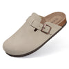 Women's Suede Mules with Cork Insole, Arch Support Slip-On Sandals with Adjustable Buckle – Casual Summer Slides