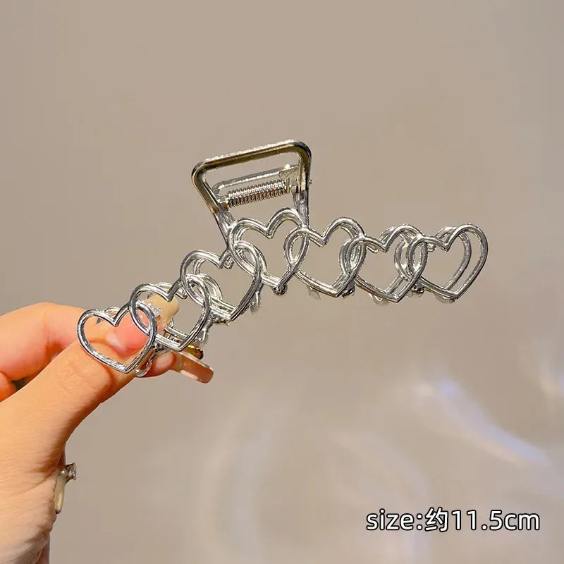 Heart Metal Hair Claw Clips for Women – Nonslip Alloy Crab Clamp, Gold Silver Black, 6.5 cm (2.6 in) – Korean Retro Fashion