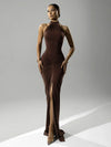 Mozision Halter Ruched Sleeveless Maxi Dress - Slim High Waist Evening Club Party Split Gown