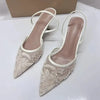 Women's Mesh Pointed Toe Stiletto Mules Open Heel High Heels Animal Print Floral Pumps