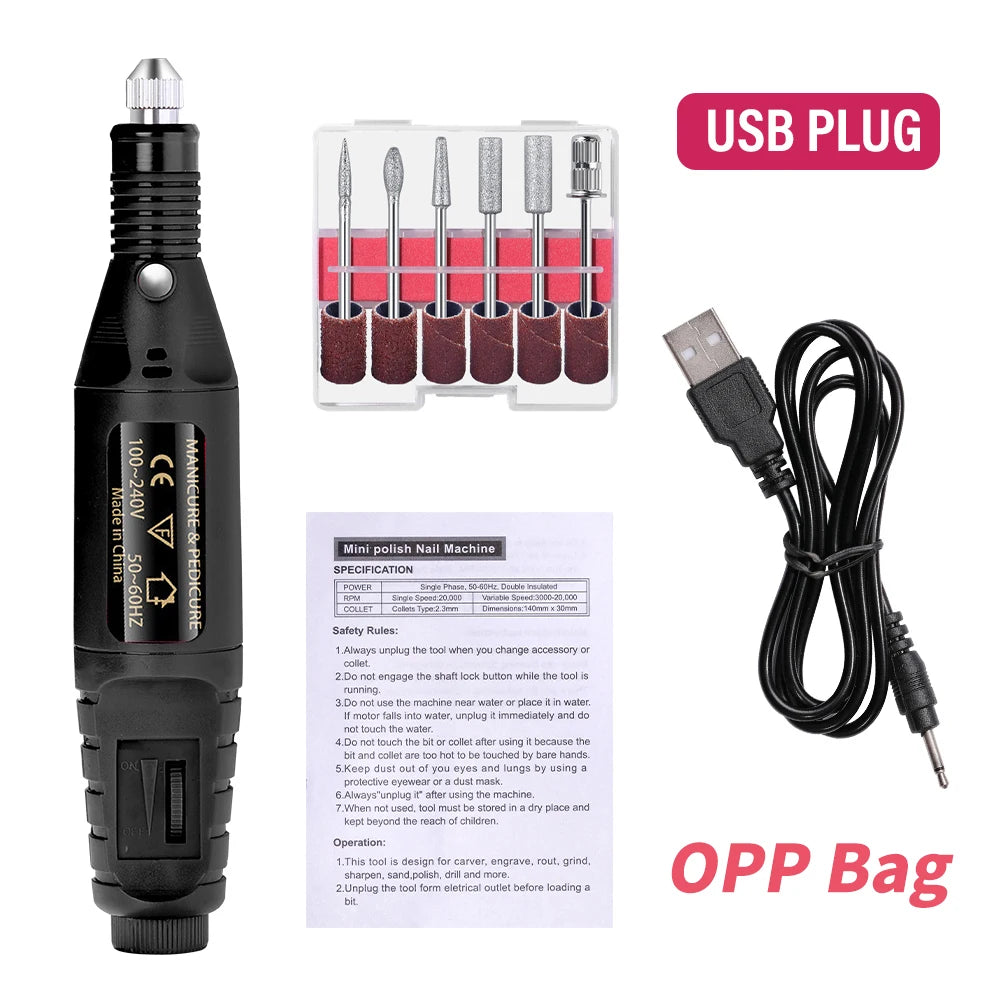 USB-Powered Electric Nail Drill Kit – Professional Manicure & Pedicure Nail File with 6 Bits and 6 Sanding Bands