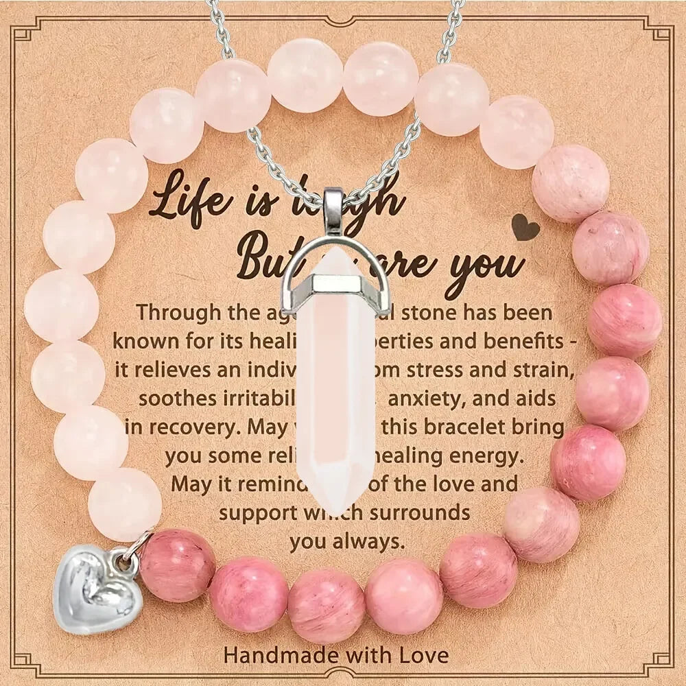 2-Piece Amethyst Hexagonal Pendant Necklace & Purple Stripe Agate Bracelet Set – Healing Crystal Jewelry Gift for Women