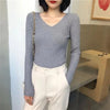 Women's Rib Knit V-Neck Pullover Sweater Long Sleeve Ribbed Y2K Top