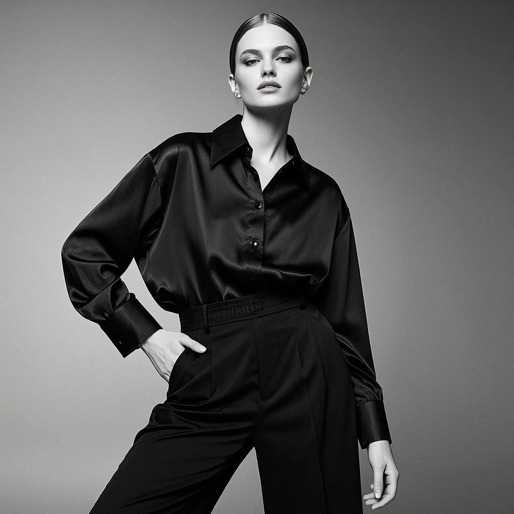 Korean Slim Satin Blouse for Women, Office Casual Long Button Shirt Solid Multicolor