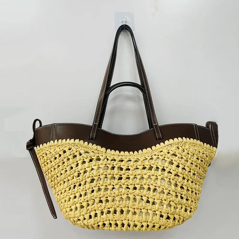 Women 2-in-1 Woven Straw Shoulder Bag – Adjustable Strap Large Capacity Dumpling Beach Bucket Bag