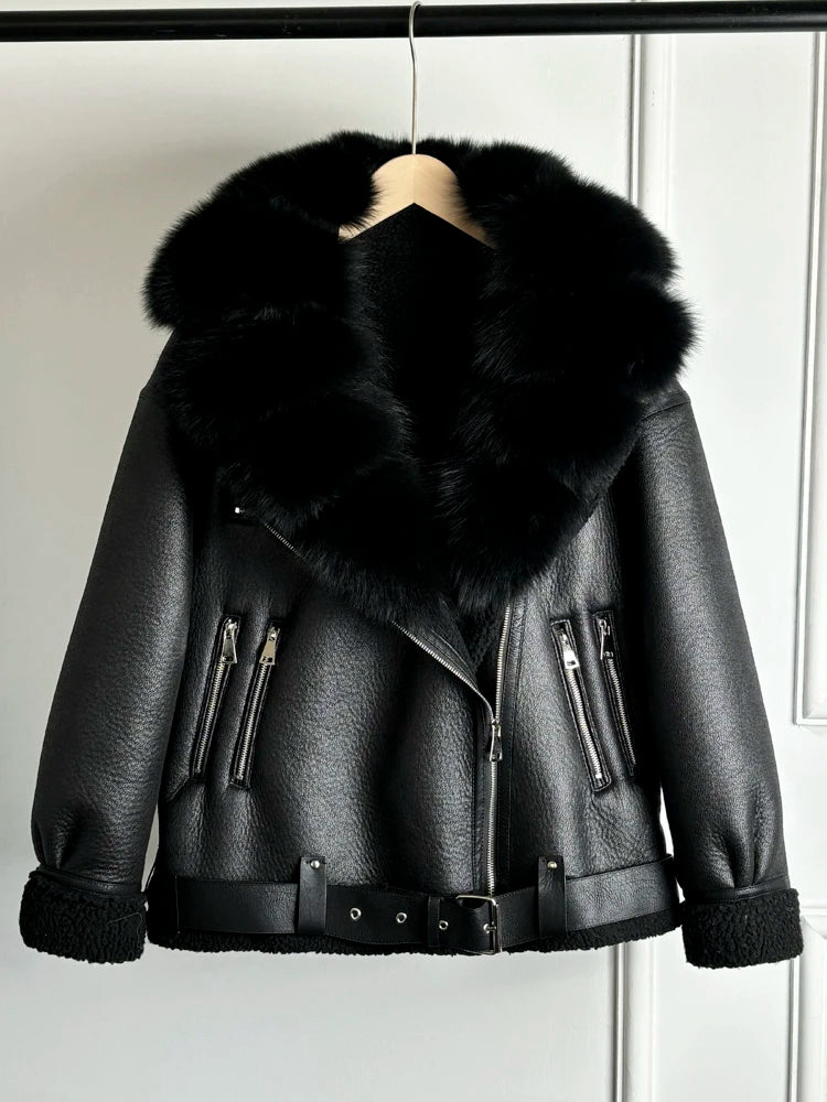 Women's Faux Leather Shearling Coat with Large Fox Fur Collar - Warm PU Moto Biker Jacket