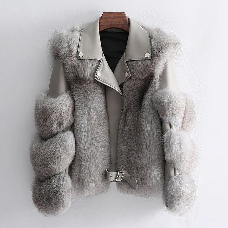 Women's Faux Fox Fur Short Jacket - PU Leather Motorcycle Coat, Warm Autumn Winter Luxury