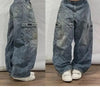 Harajuku Y2K Embroidered Baggy Wide-Leg Jeans for Women - Washed Distressed Low Waist Casual Hip-Hop Gothic