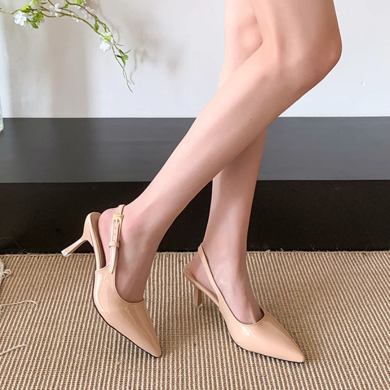 Pointed Toe Patent Leather Thin Heel Sandals for Women - Nude Office Dress Shoes, 3-5 cm (1.2-2.0 in) Heel