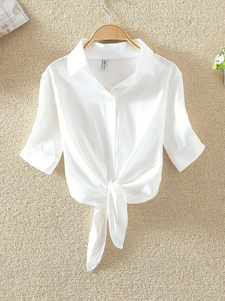 Women's Chiffon Short Sleeve Blouse Lightweight Summer Casual Office Shirt - White