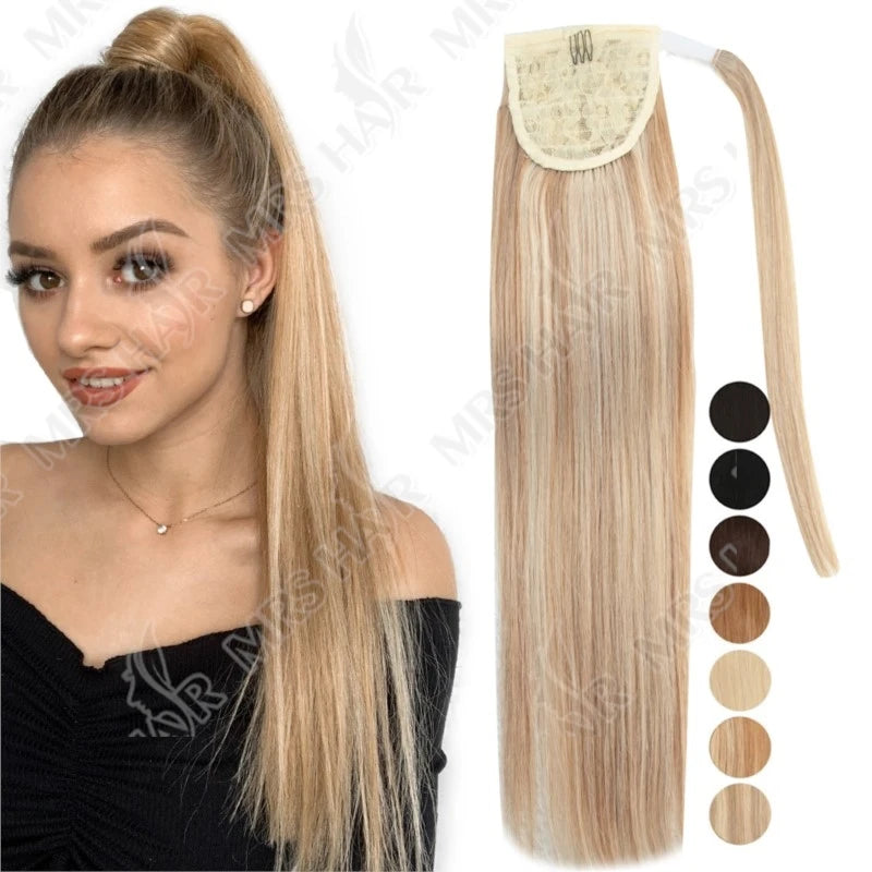 MRSHAIR 100% Remy Human Hair Clip-In Wrap-Around Ponytail Extension Straight — Blonde, Brown, Black