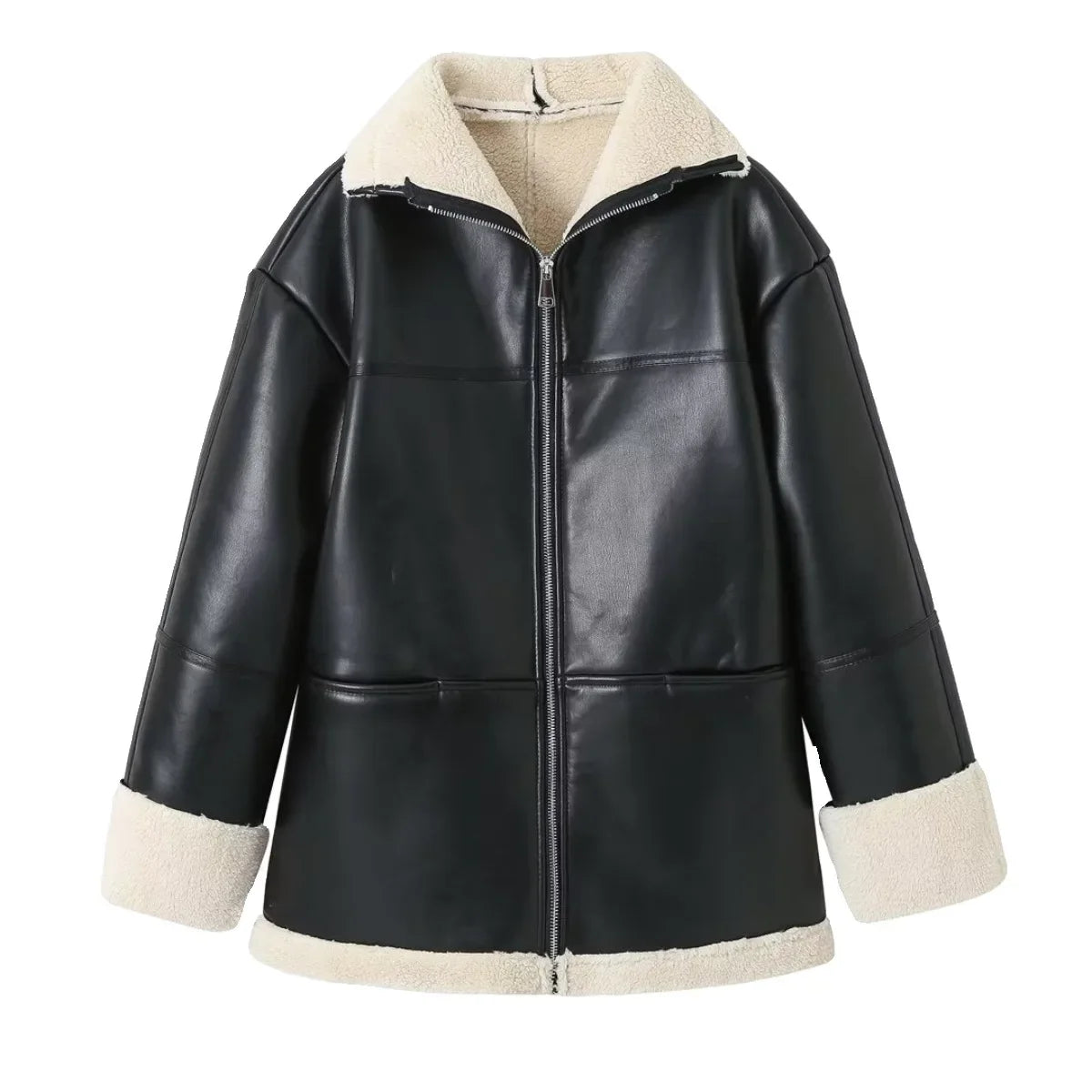 Women's PU Faux Leather Fur-Lined Coat - Lapel Collar, Zipper, Warm Long Overcoat, High Street Style