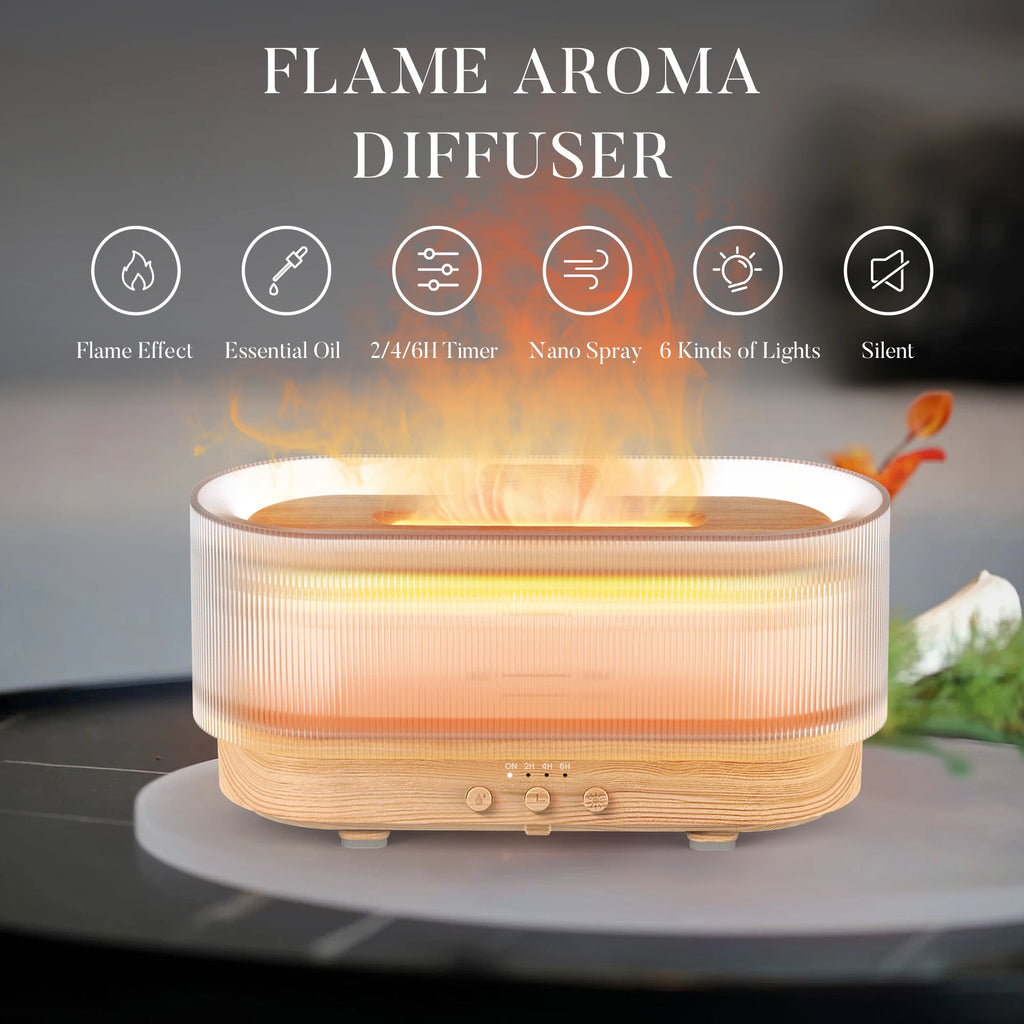 Sejoy 300ml Flame Aroma Diffuser – USB Cool Mist Essential Oil Humidifier with Colorful Night Light & Auto-Off Timer