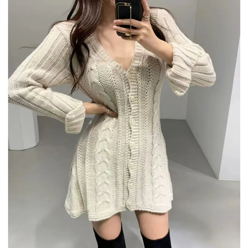 Knit V-Neck Twist Sweater Dress Long Sleeve A-Line Knee-Length Slim Fit (One Size) — Korean Casual Party
