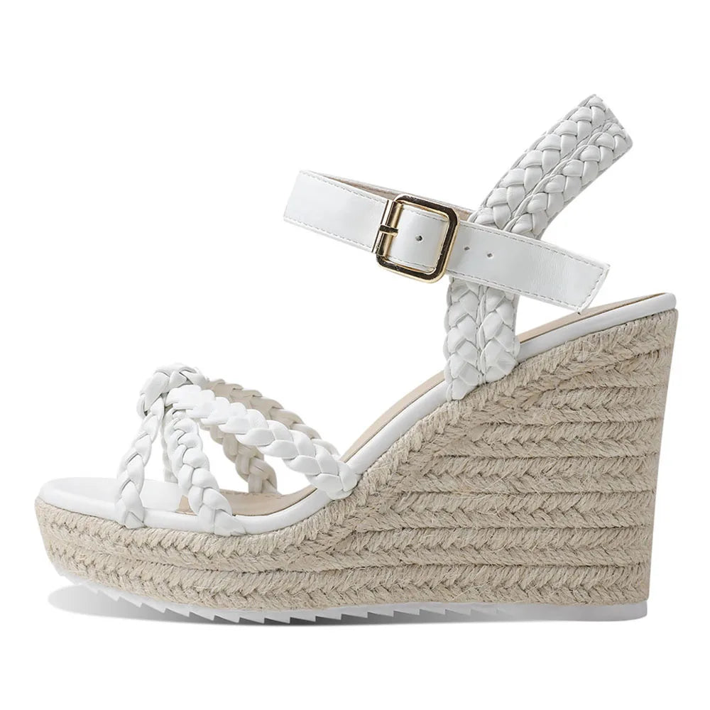 GIGIFOX Straw Woven Wedge Sandals for Women High Platform Buckle Strap Round Toe Boho