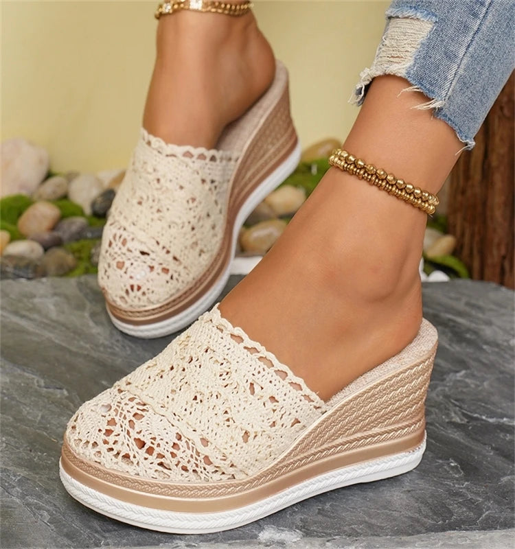 HAJINK Women's Lace Wedge Sandals – Breathable Summer Slide Heels, 5–8 cm (2–3 in) Heel, 3–5 cm (1.2–2 in) Platform