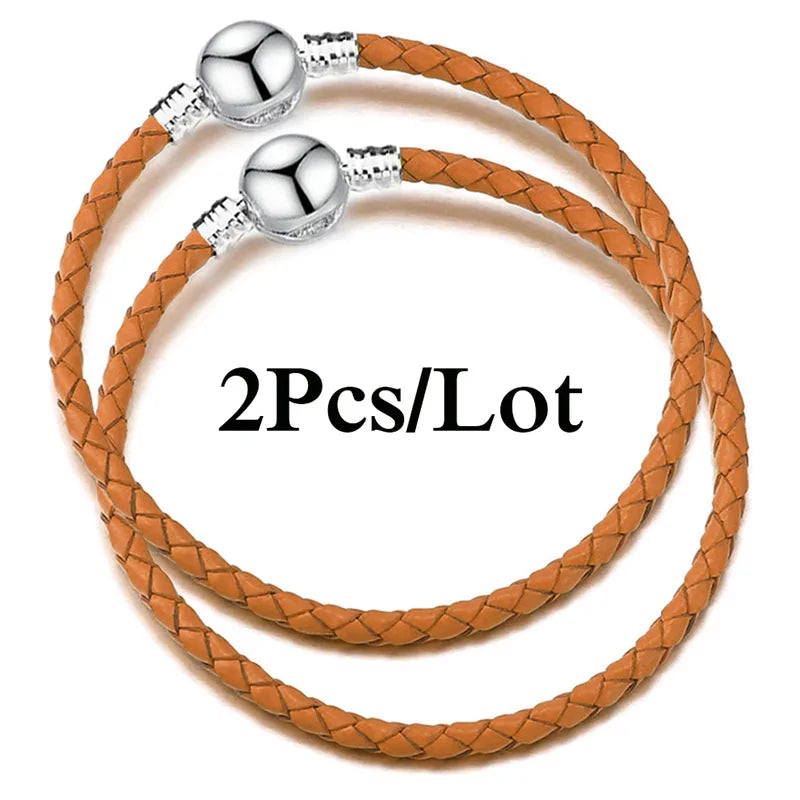2-Pack Leather Chain Charm Bracelets with Beads – Handmade Couples Pulsera Jewelry (Unisex)