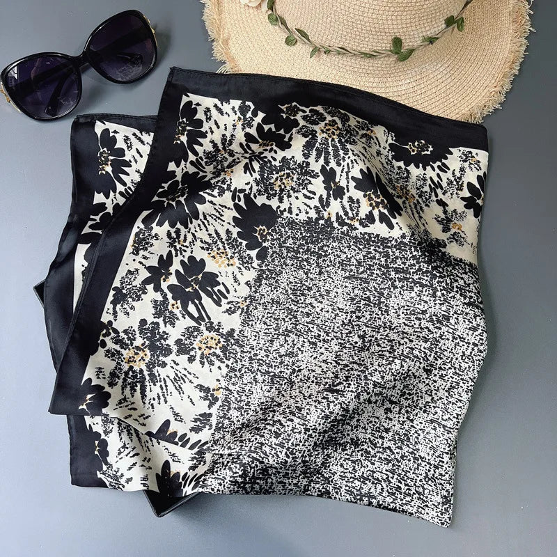 70 x 70 cm (27.6 x 27.6 in) Floral Satin-Look Polyester Square Scarf - Women's Headscarf, Hijab, Hair Band & Wrist Wrap