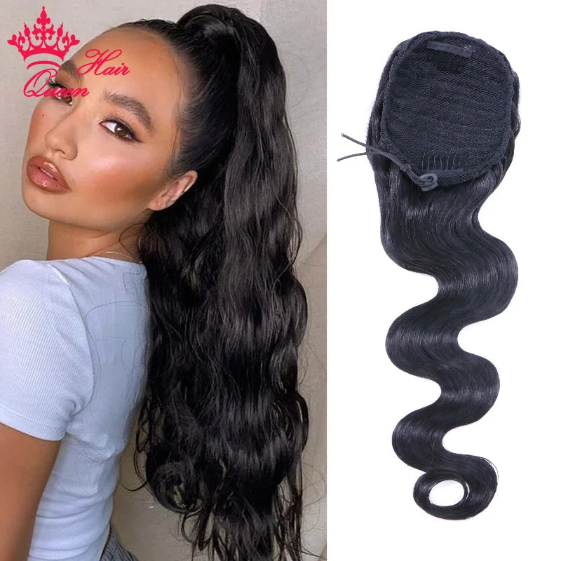 Clip-In Drawstring Human Hair Ponytail – 100g (3.5 oz) Brazilian Virgin Hair, Straight & Body Wave