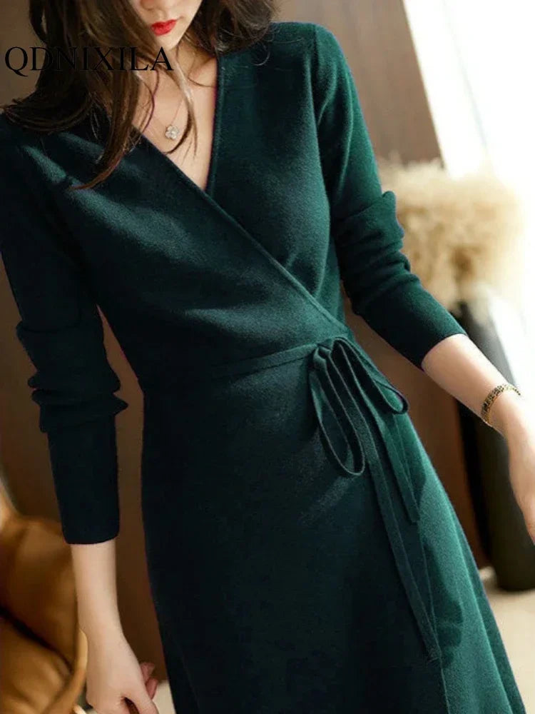 Women's Autumn Winter V-Neck Knit Wrap Dress — Korean Style Elegant A-Line Midi Sweater Dress