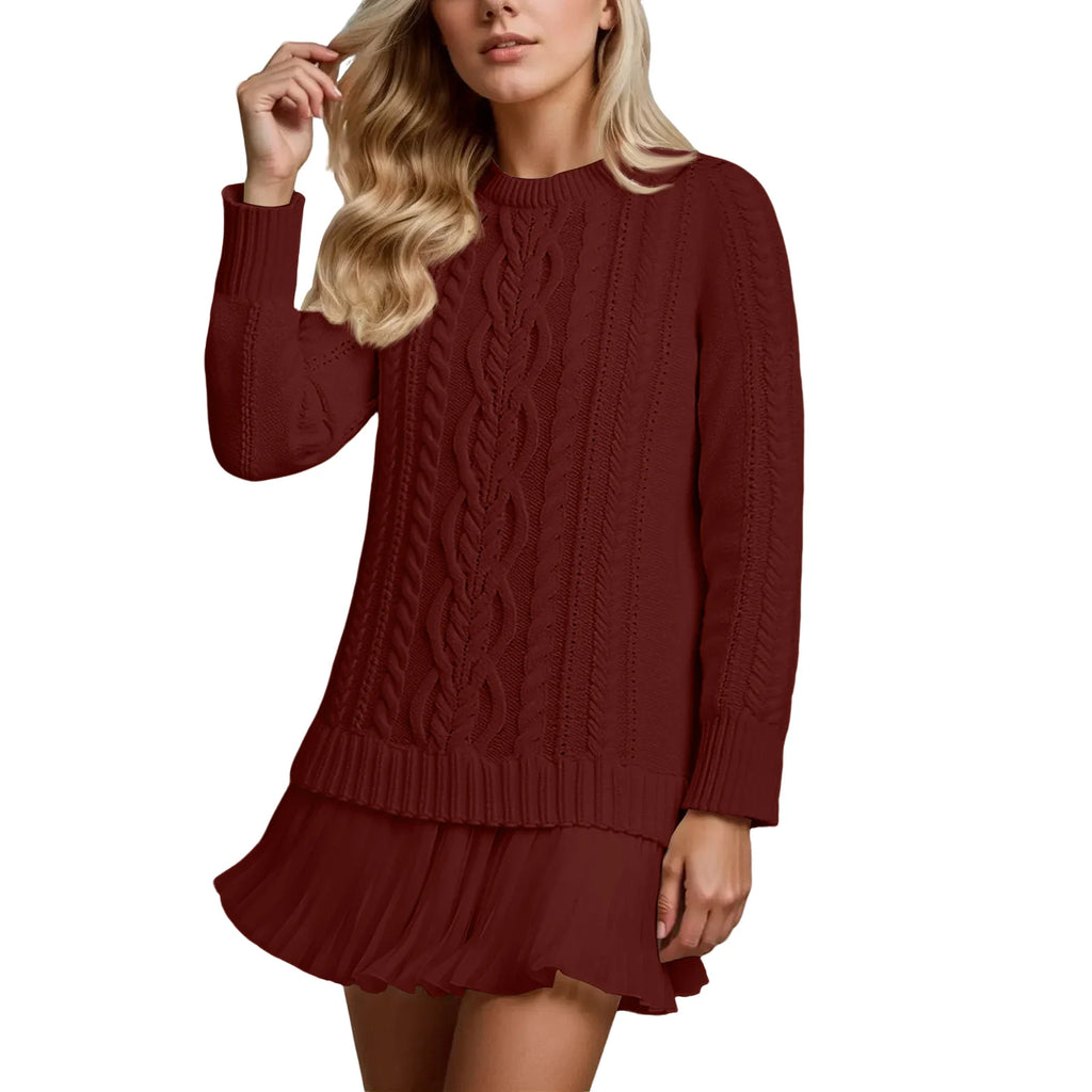 Women’s Winter Cable Knit Chiffon-Splice Round Neck Mini Dress – Casual Slim Fit