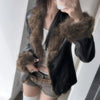 Neploe Women's Vintage Patchwork PU Leather Coat with Fur Trim – Y2K Fairycore Harajuku Streetwear Jacket